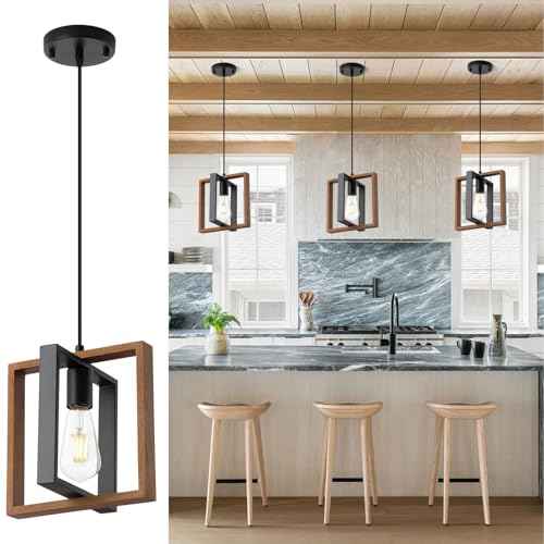 Industrial Small Pendant Lighting, Farmhouse Kitchen Island Hanging Lamp with Cord, Wood+Metal,1 Light E26 Fixture for Dining Room Bedroom Hallway Entryway,9.5 inch