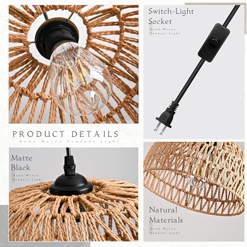 Brown Rattan Light Fixture 15ft Plug In Pendant Light Woven Pendant Light Boho Chandelier Wicker Pendant Light Boho Pendant Light Plug In for Dining Room Kitchen Island Bedroom