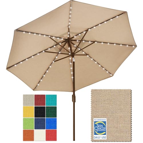 USA 10-Year-Non-Fading 9ft Market Patio Umbrella, Commercial Grade Table Sun Umbrella with 80 Solar LED Lights, Crank Open, Windproof & UPF 50+ UV Protection for Garden, Deck, Pool, Backyard, Heather Beige