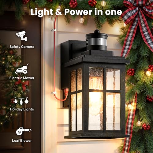 Black 2 Pack Motion Sensor Outdoor Lights for House with Outlet (2 Count)