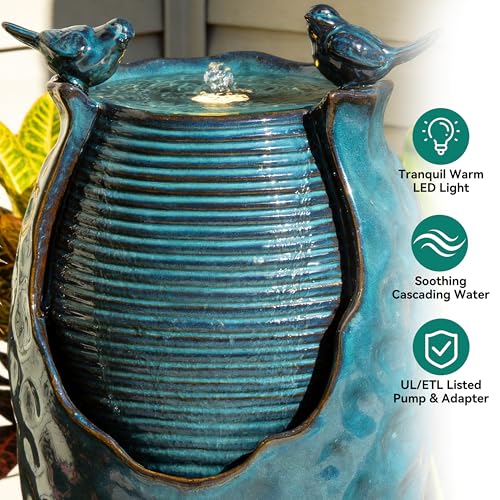 Autodaya 25" H Jar Ceramic Outdoor Water Fountain with LED Lights and Birds