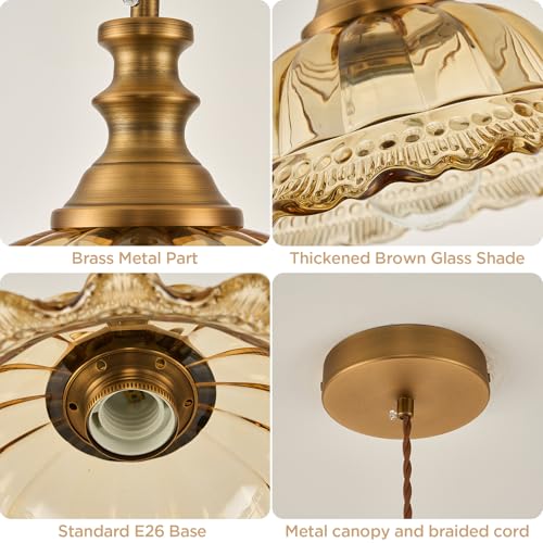 Glass Pendant Lights Modern Pendant Lighting Fixtures Hanging Lamp for Kitchen Island Bedroom Dining Room Coffee Shop Hallway Amber and Brass 2 Pack (2 Count)