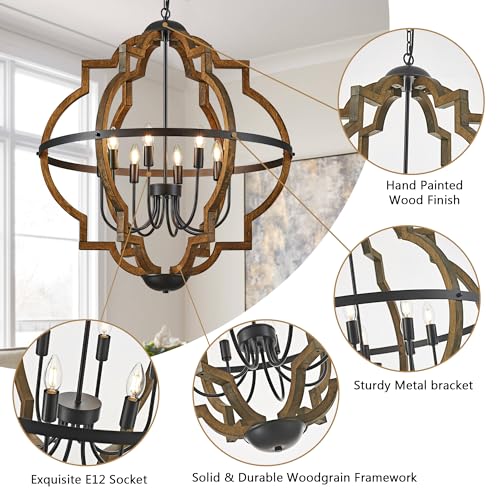 31.96" 8 Light Brown Oak Wood Drum Pendant Light for Dining Room