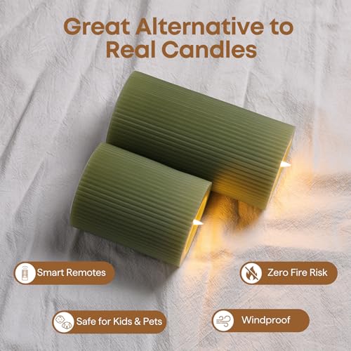 Olive Green Ribbed Moving Flame LED Pillar Candles with Remote (Olive Green)