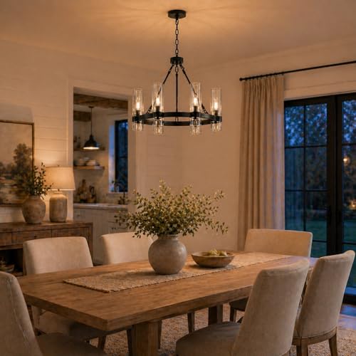 22 Inch Black Wagon Wheel Chandelier with Glass Shade