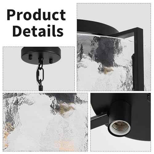 Glass Drum Chandelier for Dining Room, 3-Light Black Modern Chandelier Farmhouse Lights Kitchen Lighting Fixtures Over Table for Foyer Entryway Hallway Laundry Room Bedroom Bathroom