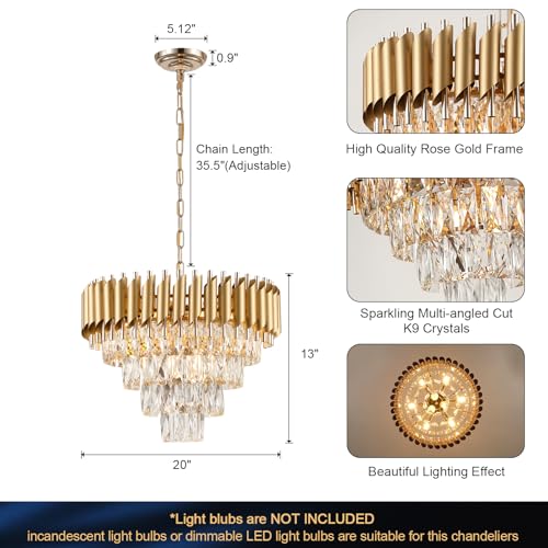 Modern Crystal Chandeliers Gold 20'' Crystal Ceiling Pendant Light 4 Tiers (9 Count)