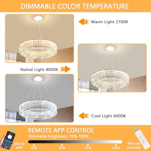 W32 Modern Chandeliers for Living Room LED Dimmable Pendant Lighting High Ceiling Chandelier for Dining Room Foyer Hallway Crystal Rectangle Light Fixtures Silver