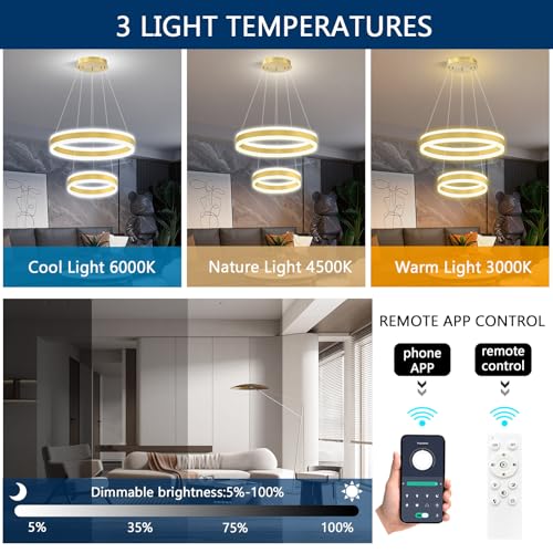 D7.8''+15.7'' Modern Ring Chandelier for Dining Room LED Dimmable Pendant Lighting for Living Room Foyer Bedroom Entryway 3000K