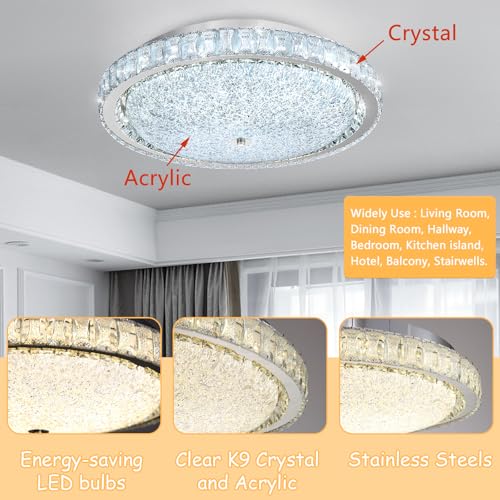 19.6" Modern Crystal Chandelier Dimmable LED Flush Mount Ceiling Light with Remote Control for Living Room Dining Room Bedroom Hallway Foyer Silver