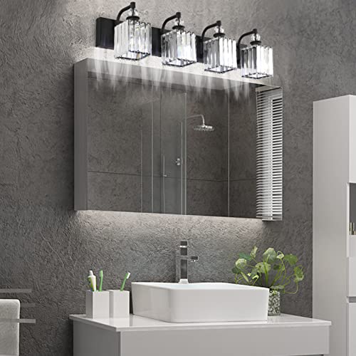 Black Crystal Vanity Light 4 Light 31.5''Modern Matte Black Bathroom Wall Light Fixtures Over Mirror Bathroom Vanity Lights