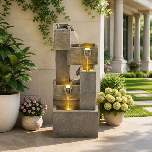 32.5" 5 Tier Outdoor Water Fountain LED Cascading Waterfall