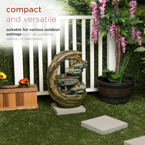 WIN1554S Outdoor Curved Trunk and Stone Floor Fountain with Warm White LED Lights