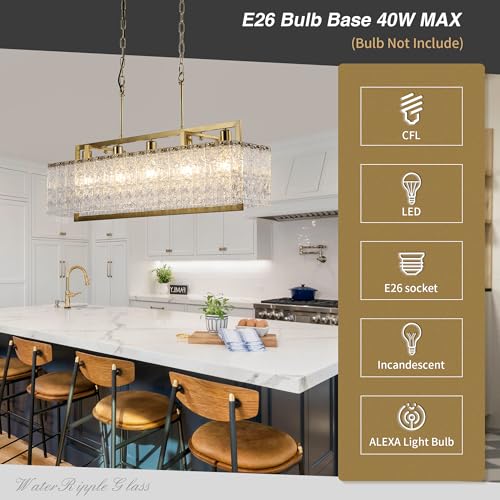 36" Gold Crystal Ripple Glass Rectangle Pendant Chandelier 5