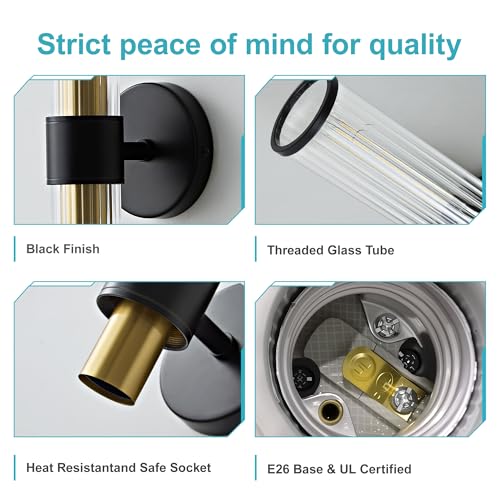 Hardwired Black Gold Vanity Light Threaded Glass Wall Sconce 2 Pack (2 Count)