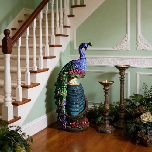32" Peacock Sculpture Waterfall Fountain Indoor with LED Lights