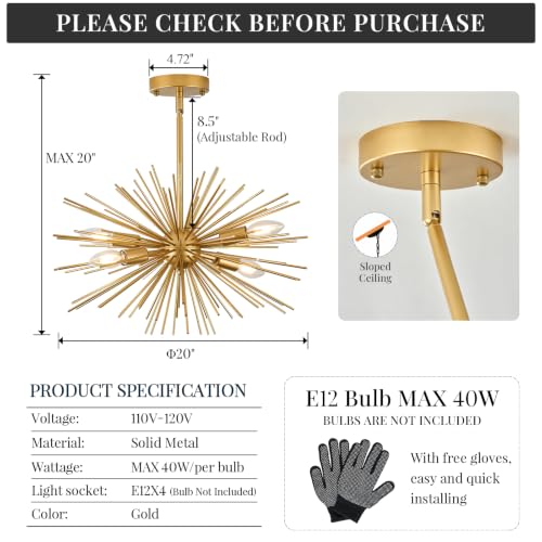 Gold Sputnik Ceiling Light Starburst Light Fixture Solid Metal