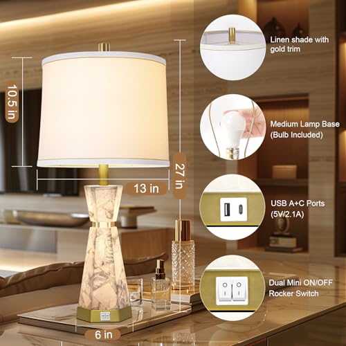 27" Modern Alabaster Table Lamp Set of 2 with Night Light (2 Count)