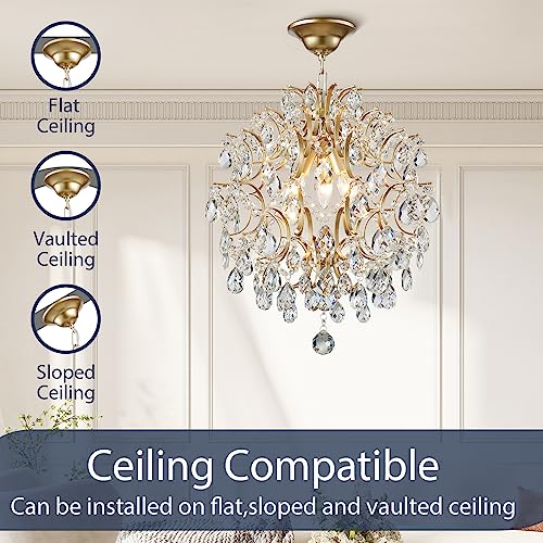 Modern Gold Pendant Chandelier Crystal Raindrop Lighting Ceiling Light Fixture Lamp for Dining Room Bathroom Bedroom Livingroom entryway 3 E12 Bulbs Required D16 in x H18 in