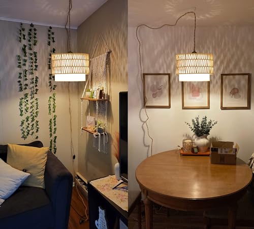 Boho Plug in Pendant Light Rattan Hanging Lights with Plug in Cord (White-circular column / 12)