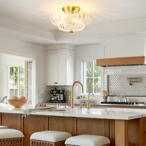 Semi Flush Mount Ceiling Light Fixture 11.8" Vinatge Gold Ceiling Lights Mid Century Modern Clear Glass Close to Ceiling Lighting Fixtures for Bedroom Hallway Foyer Bathroom Kitchen Entryway (3 Count)