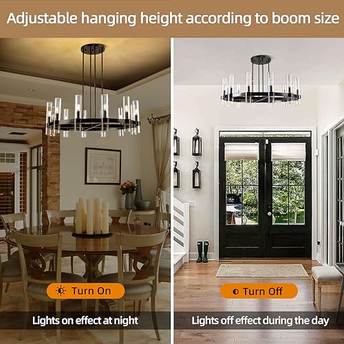 12 Light Black Round Chandelier 36'' Wagon Wheel Chandeliers for Dining Room Light Fixture Clear Glass Tube Chandelier Modern Farmhouse Chandeliers for Living Room Bedroom