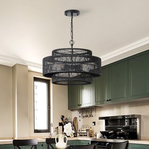 17.7" Black Large Boho Rattan Chandeliers for Dining Room