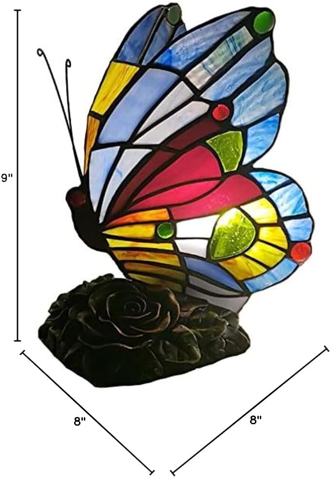 Bieye L10042 Butterfly Tiffany Style Stained Glass Accent Table Lamp Night Light for Bedside Bedroom Living Room (Multi-Colored E)