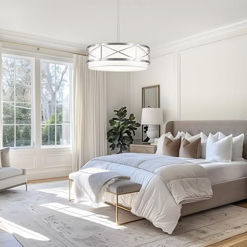19.7" Modern Brushed Nickel Drum Chandelier Round Dining Room Light Fixture