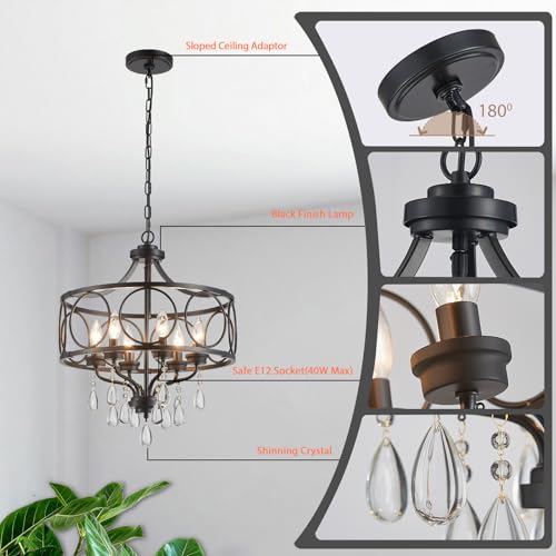 Modern Black Chandelier 17.7" Metal Crystal Pendant Lighting Fixture Hanging 6