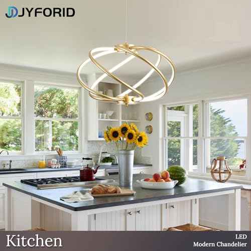Gold Modern Chandelier with Remote Control, 48W 3-Color Temperature Dimmable LED Chandelier for Dining Room, Hanging Adjustable Pendant Light for Living Room Kitchen Foyer Entryway