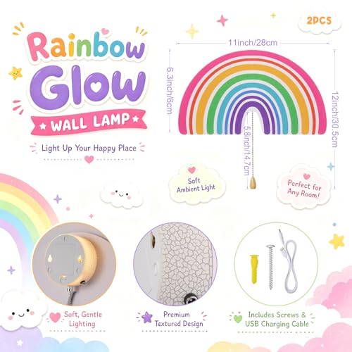 2 Pcs Rainbow Night Light for Girls Cute Floating LED Lamp for Kids Nursery Room Decor Battery or USB Operated Night Light for Wall Bedroom Table Office Home Decorations (2 Count)