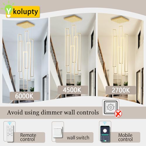 Modern Chandeliers for Entryway High Ceiling Large Rectangle Chandelier LED Dimming Gold Contemporary Chandelier for Staircase Foyer 2700k