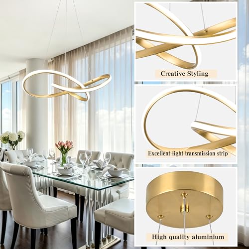 30" Gold Modern LED Chandelier Large Irregular Ring Pendant Lighting Adjustable Hanging Light Fixture Modern Dimmable Remote Control Pendant Lights for Living Room Dining Room Entryway