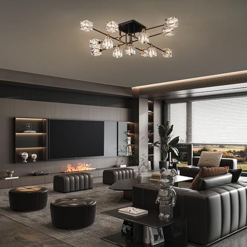 13 Light Crystal Ceiling Light Fixture Semi Flush Mount Ceiling Light Fixture Modern Black and Gold Sputnik Chandeliers for Dining Room Living Room Kitchen Island Hallway Bedroom