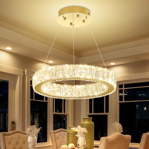 Modern LED Dimmable Crystal Chandelier 23.6" Ring Pendant Light Adjustable Gold Round Crystal Chandelier for Dining Room Living Room