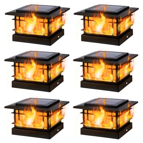 4x4 Solar Post Cap Lights Outdoor with Flickering Flame Light (6 Count)