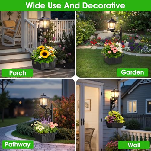 2 Pack 2-in-1 Outdoor Flower Pots, Solar Post Lamps Waterproof, Solar Lamp Post Lights, Wall Mount or Freestanding, Outdoor Decorative Lamp for Garden, Patio, Front Porch, Back Door, Warm White