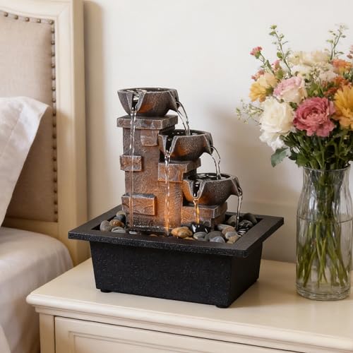 3 Tier Stone Wall Tabletop Water Fountain with Natural River Rocks