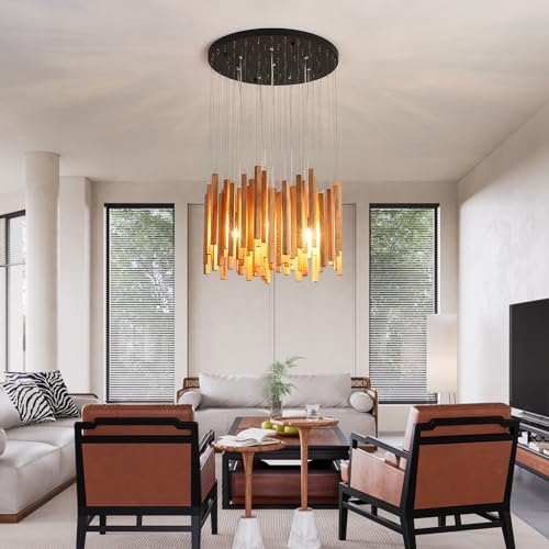 8 Light Farmhouse Wood High Ceiling Chandelier Rustic Large Ceiling Light Fixture Hanging Pendat Light for Dining Room Living Room Foyer Staircases Kitchen Island