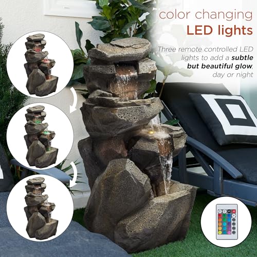 40" Tall Outdoor Multitiered Rock Waterfall Floor Fountain with LED Lights