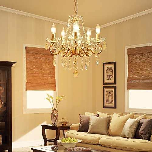Mini Crystal Chandelier K9 Crystal Gold Chandelier for Living Room Bedroom Dining Room Kitchen Island Entryway 5 E12 Bulbs High 16.5 in x Diameter 16.9 in
