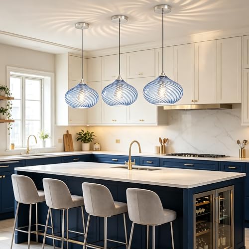 11in Brushed Nickel Pendant Lights Kitchen Island with Blue Glass Shade 1PC