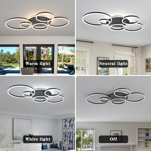Black Flush Mount Ceiling Light Dimmable Dining Room Light Fixture Round 6 Rings Modern LED Ceiling Light with Remote Control 47" Kitchen Lighting Fixture Ceiling Lamp for Living Room