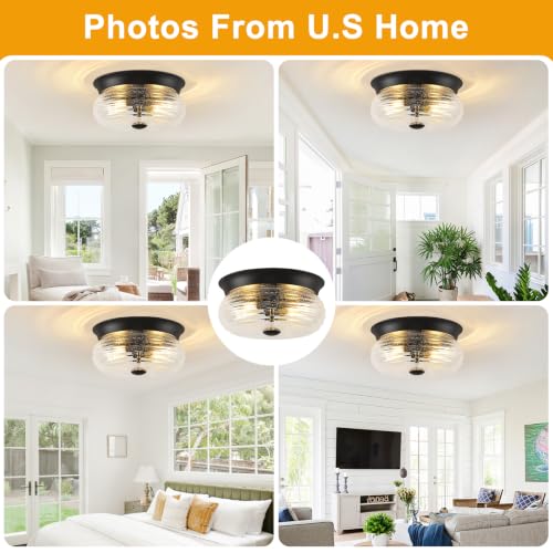 Black Flush Mount Ceiling Light Fixtures (Matte Black + Clear Air Bubble Glass(No Assembly Required))