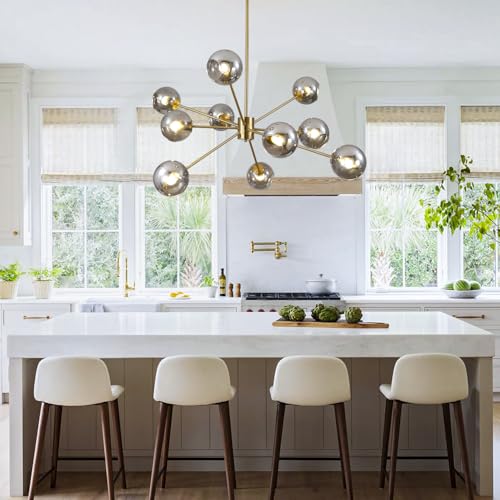 10 Lights Mid Century Modern Large Smoke Grey Sputnik Chandelier Brushed Gold Globe Sputnik Light Fixture Nordic Hanging Ball Chandelier Vintage Minimalist Brass Pendant Lights Kitchen Island