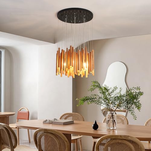8 Light Farmhouse Wood High Ceiling Chandelier Rustic Large Ceiling Light Fixture Hanging Pendat Light for Dining Room Living Room Foyer Staircases Kitchen Island