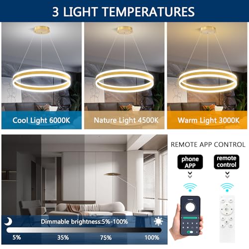 D23.6'' Modern Ring Chandelier for Dining Room LED Dimmable Pendant Lighting High Ceiling Chandelier for Living Room Foyer Bedroom Entryway 3000K