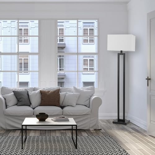 58" Matte Black Floor Lamp with White Linen Shade
