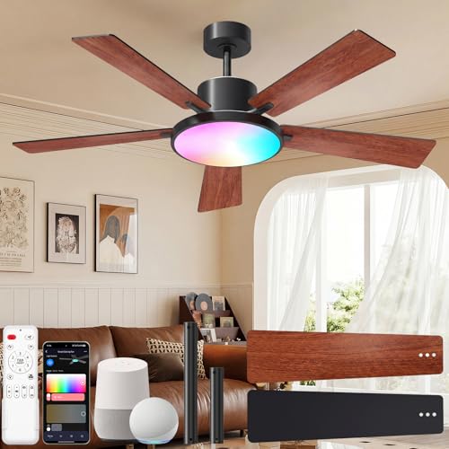 52" Smart Ceiling Fans with Lights and Remote (Black +Brown / 52 Inch)